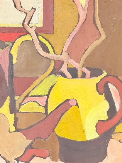 Mid century still life with watering can, oil on paper mounted on board, in ochre and plum tones, photographed on a white surface.
