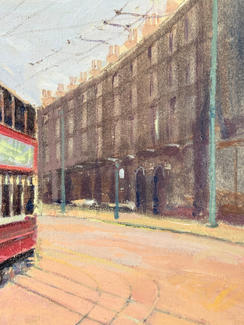 A textured impressionist-style painting of a London street scene, featuring a red double-decker tram on the left, tall brown brick tenement buildings, and a pale sky with overhead wires.