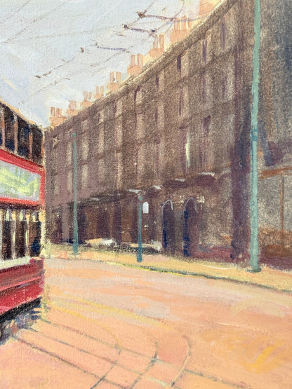 A textured impressionist-style painting of a London street scene, featuring a red double-decker tram on the left, tall brown brick tenement buildings, and a pale sky with overhead wires.
