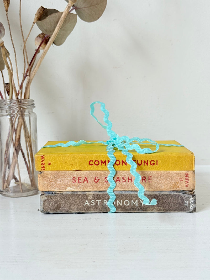 Vintage small decorative book bundle in yellow, brown and grey with turquoise ribbon, photographed on a white surface