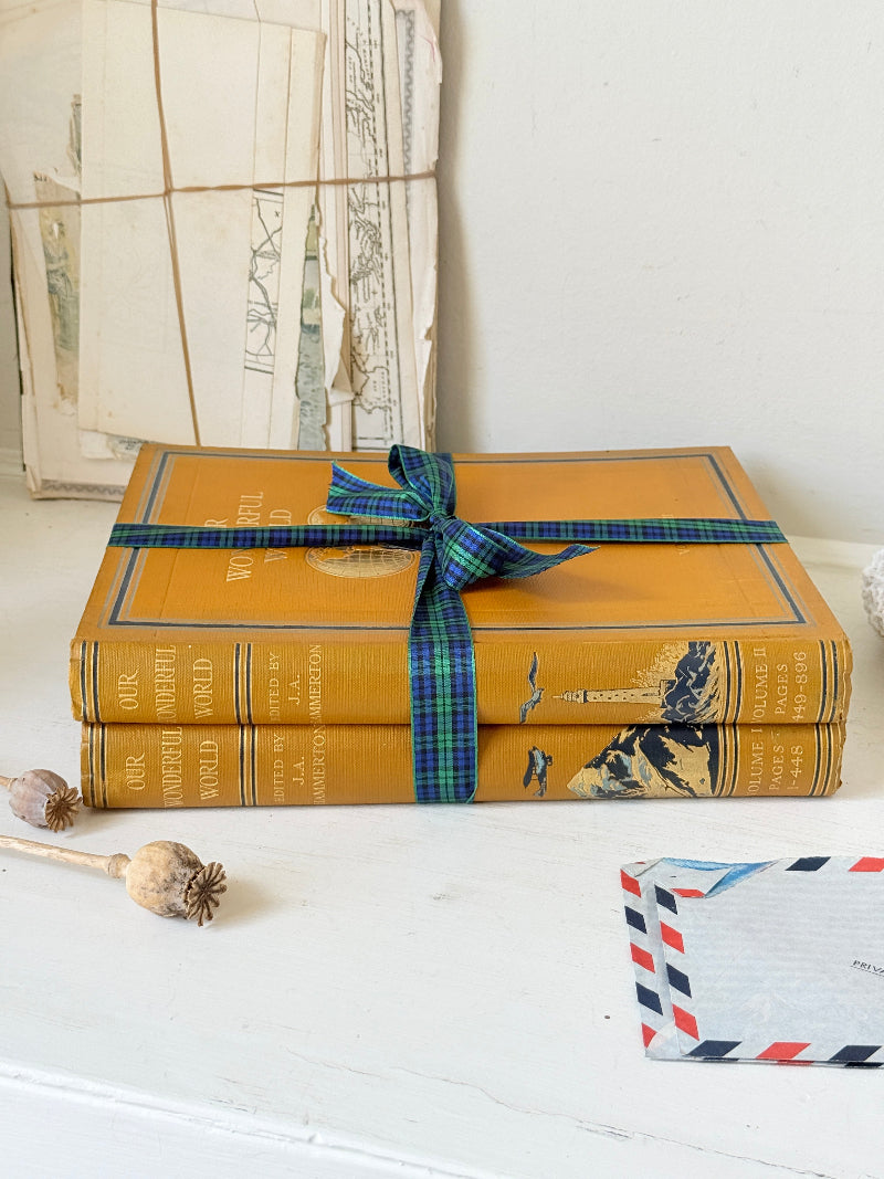 Pair of vintage Our Wonderful World books edited by J. A. Hammerton, volumes I and II, with mustard cloth covers and gilt detail