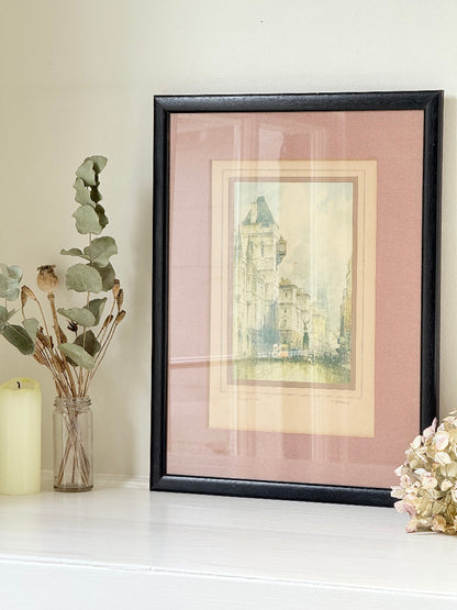 vintage framed print of temple bar watercolour by f robson in black frame with apricot and dusky pink mount on white surface