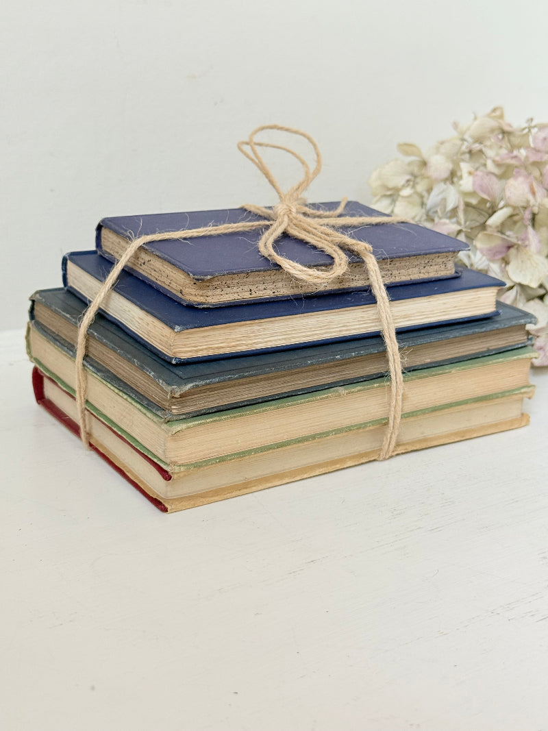 Vintage decorative book bundle in blue and green tied with twine, photographed on a white surface