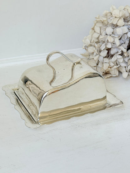A polished silver butter dish with a hinged lid and scalloped base, shown on a white surface with dried flowers in the background.