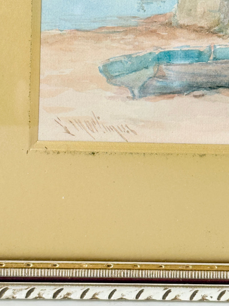 Vintage watercolour of fishing village with boats, gold mount, and ornate gilt frame