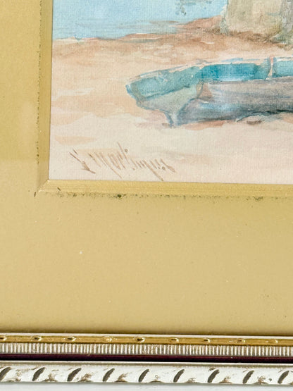 Vintage watercolour of fishing village with boats, gold mount, and ornate gilt frame