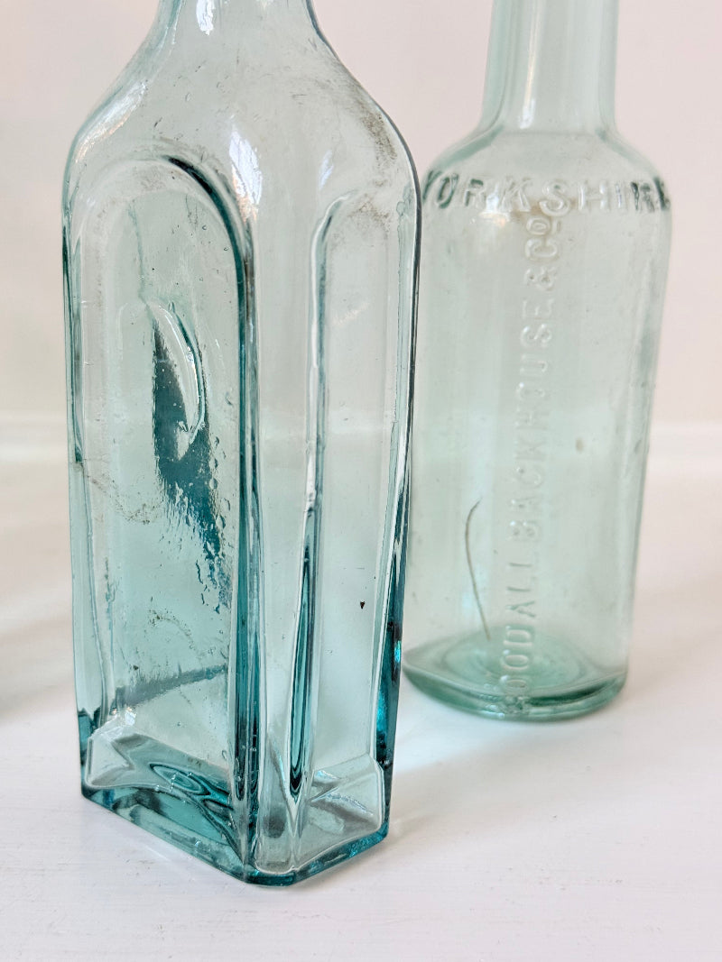 Set of five antique aqua glass bottles with embossed lettering, photographed on a white surface with dried stems