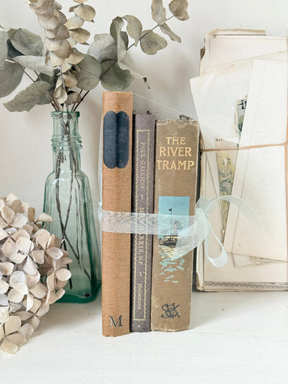 Bundle of vintage hardback books in brown, tan and navy tied with a pale blue satin ribbon for shelf and table styling