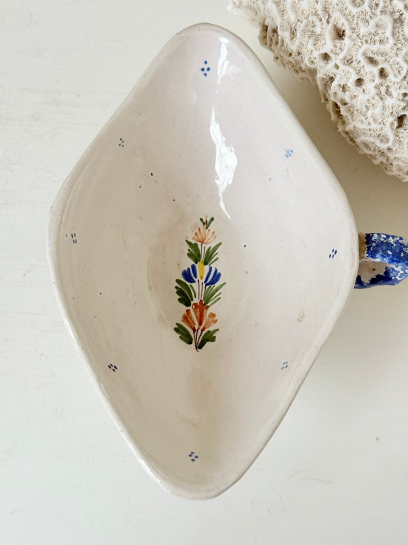 French Quimper faience sauce boat with Breton figure