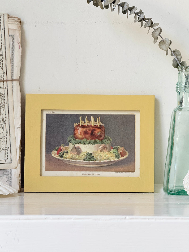 Framed antique Victorian cookery illustration from Cassell’s New Universal Cookery Book showing Galantine of Fowl