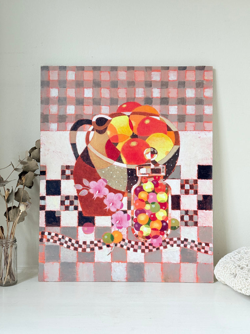 Ben Manchipp cubist still life oil on board with fruit and vessels, photographed on white surface.