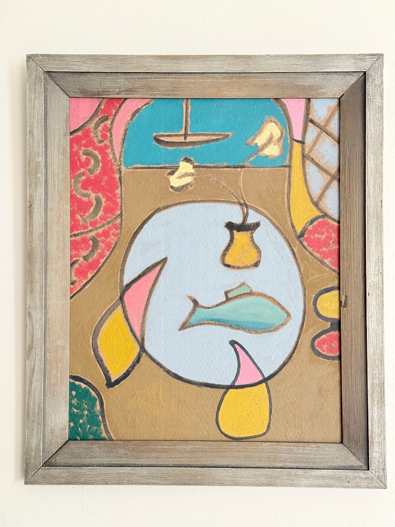 St Ives School mixed media painting on board of semi abstract objects on a table by a coastal window in a grey frame