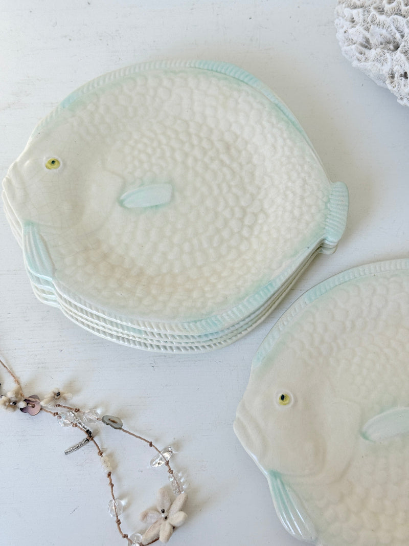 Set of five vintage Shorter and Son fish side plates in cream with pale green detail, photographed on a white surface