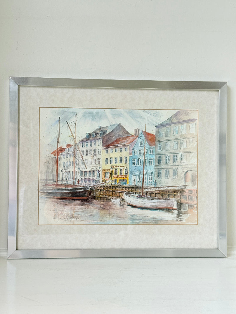 Vintage watercolour harbour scene with Hong Kong restaurant and boats in silver frame