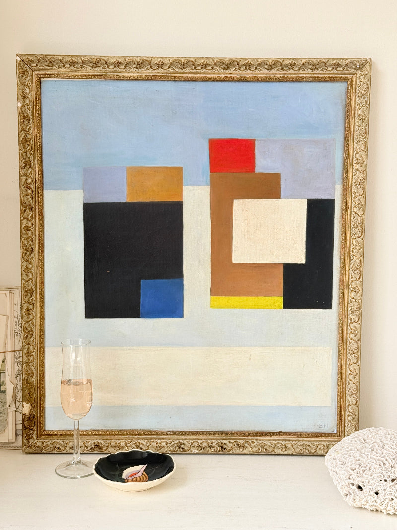 Original oil on canvas laid on board geometric modernist composition with bold colour blocks and ornate gold cream frame