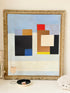 Original oil on canvas laid on board geometric modernist composition with bold colour blocks and ornate gold cream frame