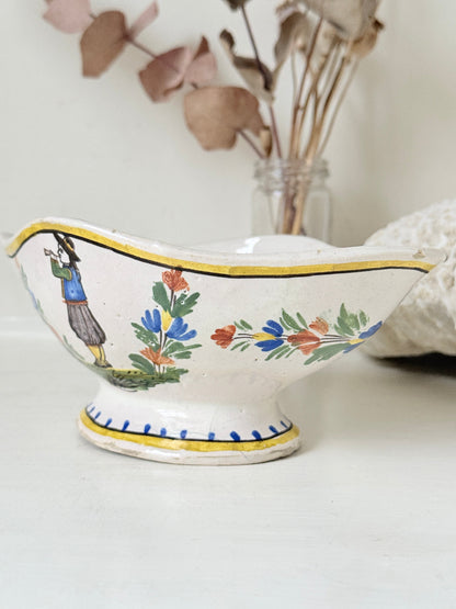 French Quimper faience sauce boat with Breton figure