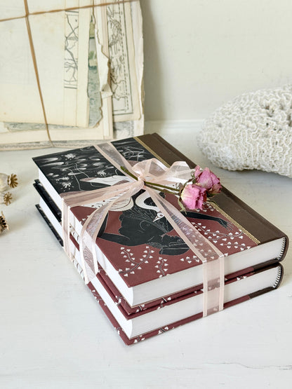 Pair of vintage Greek myths books with brown illustrated covers, pale pink ribbon and dried flower detail for shelf styling