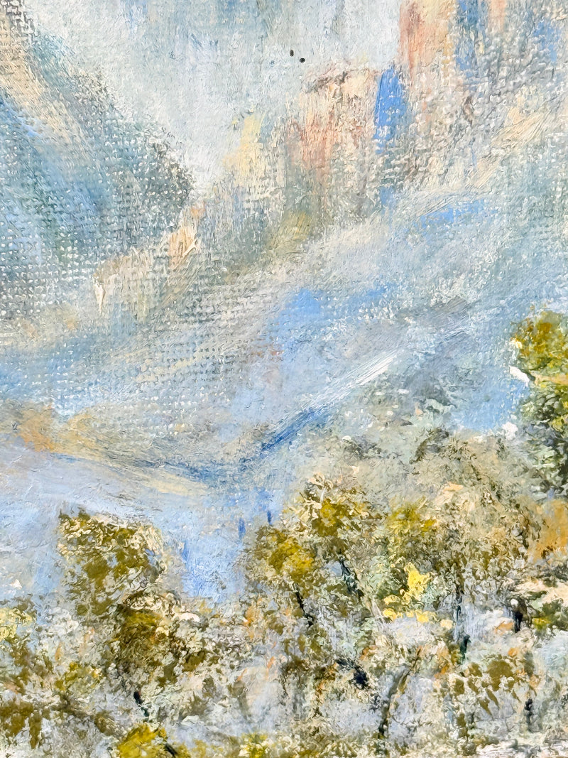 Impressionistic landscape painting featuring textured brushstrokes of blue, white, gray, and soft yellow-green foliage.