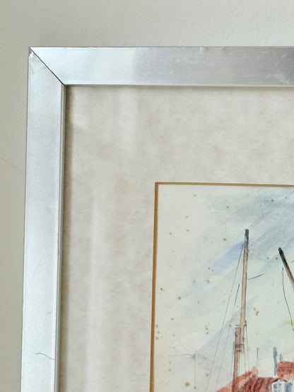 Vintage watercolour harbour scene with Hong Kong restaurant and boats in silver frame