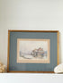 Vintage framed print of riverside mill by F Robson, gilt frame with blue mount, rustic water scene, photographed on white surface.