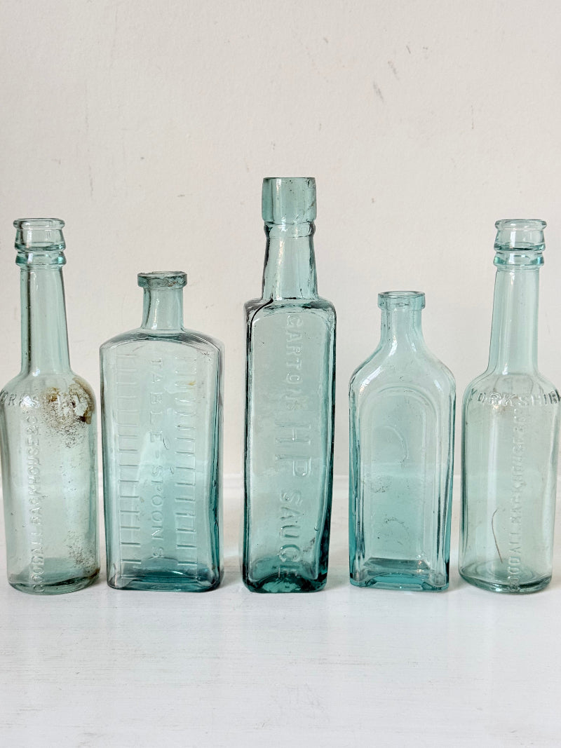 Set of five antique aqua glass bottles with embossed lettering, photographed on a white surface with dried stems