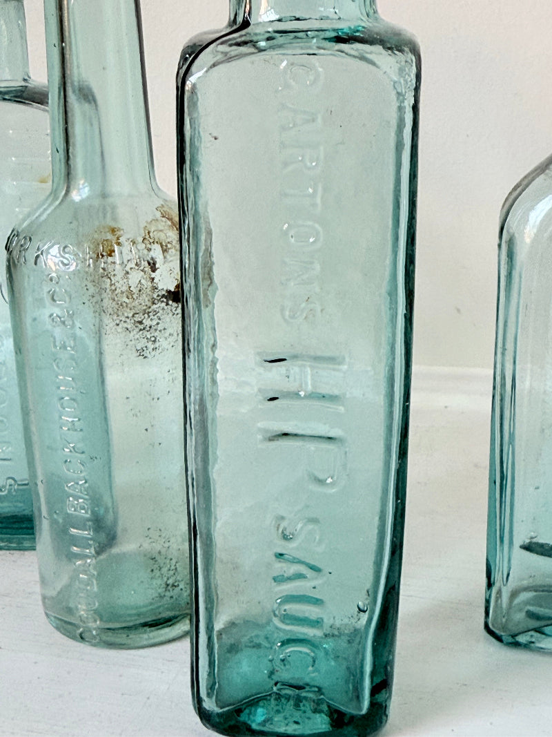 Set of five antique aqua glass bottles with embossed lettering, photographed on a white surface with dried stems