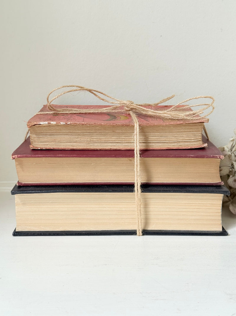 Vintage decorative book bundle in red and black with gilt detailing tied with twine, photographed on a white surface