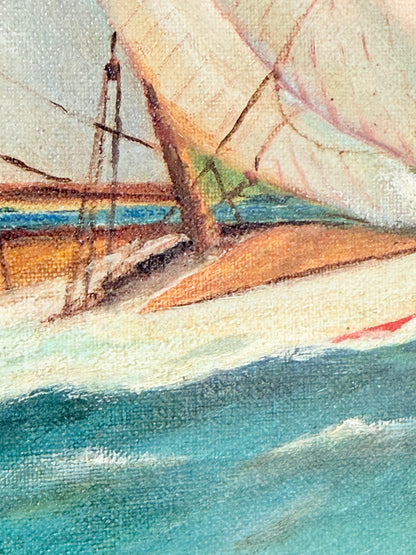 Close-up of a painted seascape showing part of a sailboat with cream sails, brown rigging, and blue-green water, rendered in a textured impressionistic style.