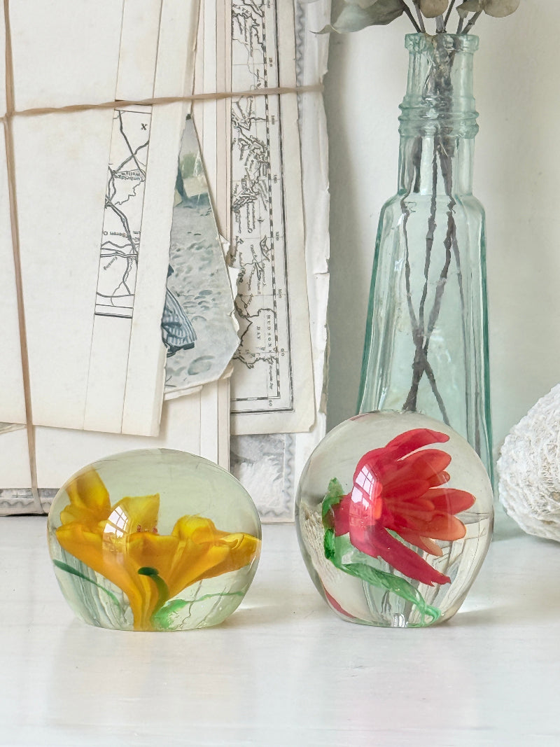 Pair of orange and yellow flower glass paperweights with green leaves, photographed on a white surface