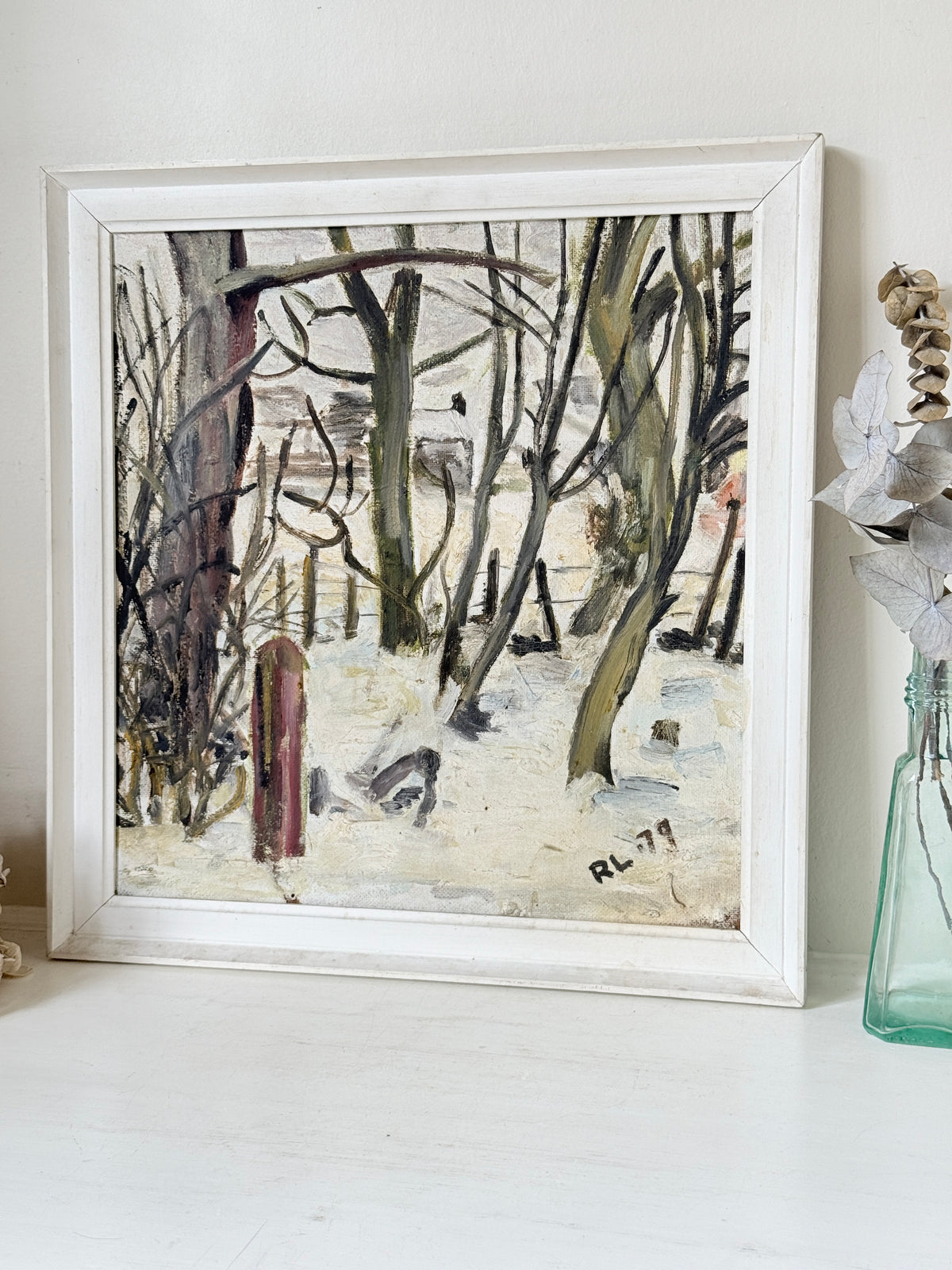 1970s Winter Woodland Oil Painting in White Frame, Signed RL 79