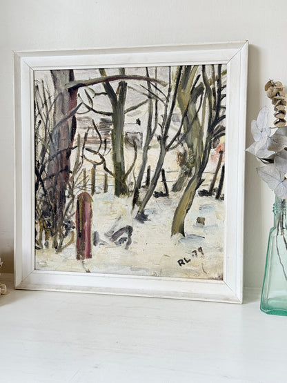 1970s Winter Woodland Oil Painting in White Frame, Signed RL 79