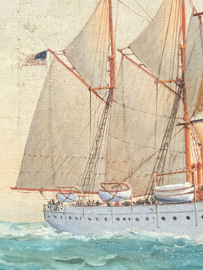 A close-up artwork of a sailing ship with large beige sails, orange-brown masts, a white hull, and turquoise water against a textured off-white background.