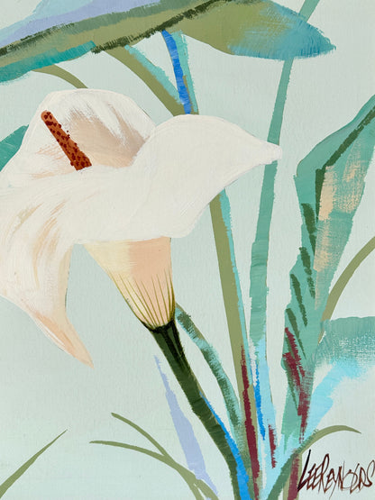 Lee Reynolds Vanguard Studios calla lily painting in aqua and green, gold frame, mid century modern