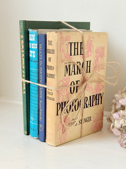 Bundle of vintage books in blue and neutral tones tied with twine, photographed on a white surface