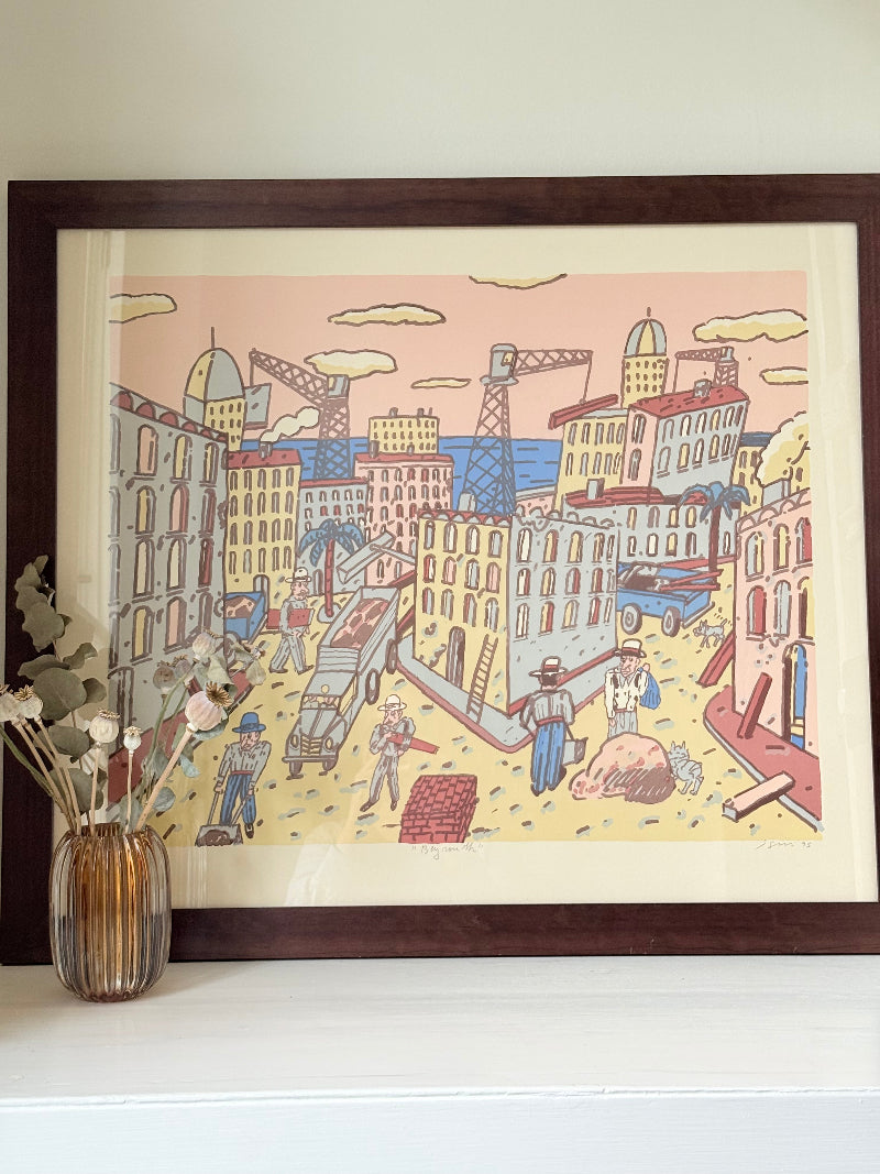 Limited edition screen print of Beirut by Antonio Segui in a wooden frame, signed and dated 1995, photographed on a white surface