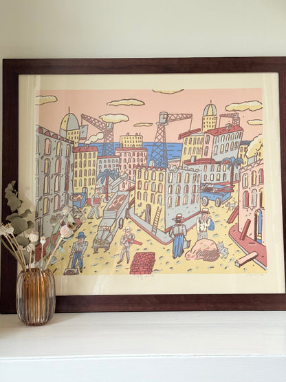 Limited edition screen print of Beirut by Antonio Segui in a wooden frame, signed and dated 1995, photographed on a white surface