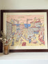 Limited edition screen print of Beirut by Antonio Segui in a wooden frame, signed and dated 1995, photographed on a white surface