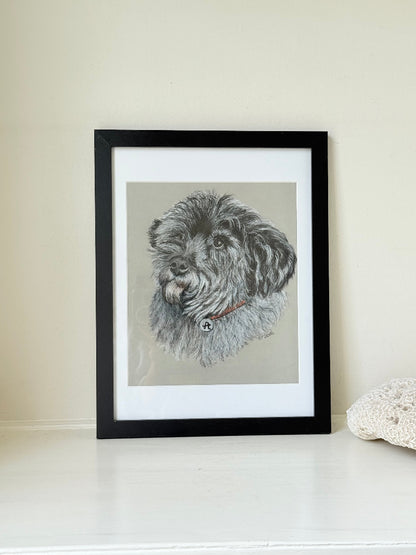 Framed pastel portrait of a shaggy dog in black frame with white mount, close-up detail of fur and eyes, photographed on white surface.