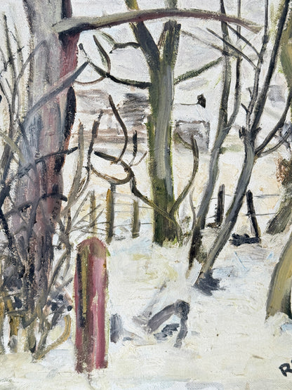 1970s Winter Woodland Oil Painting in White Frame, Signed RL 79