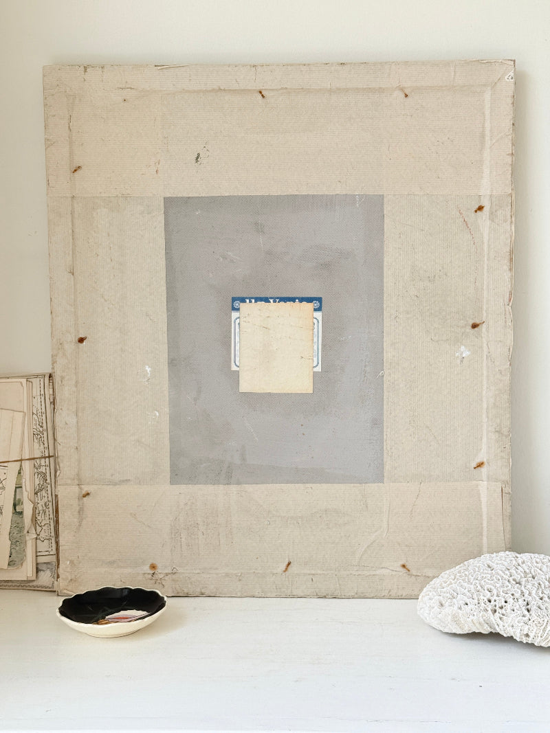 Original oil on canvas laid on board geometric modernist composition with bold colour blocks and ornate gold cream frame