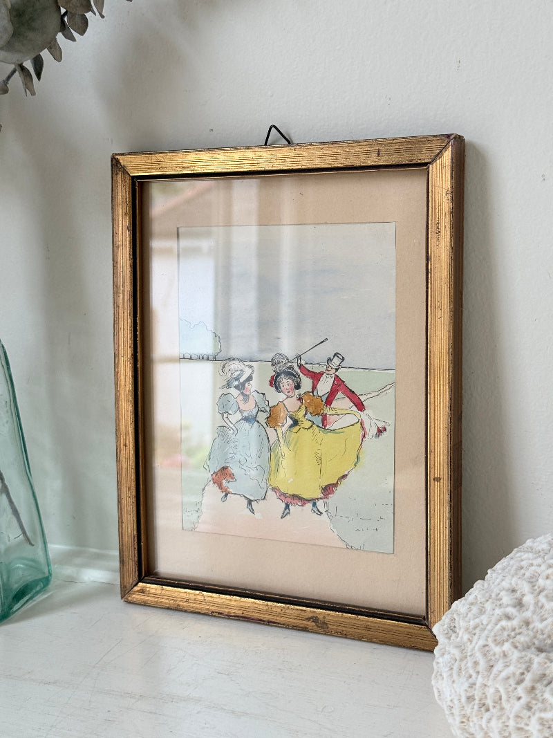 Cheeky colourful watercolour of a gentleman and ladies in period costume, in a wooden frame