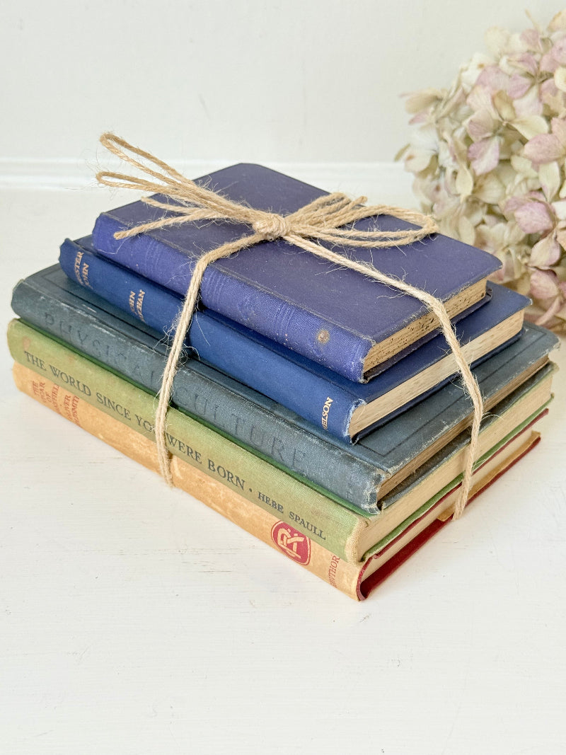Vintage decorative book bundle in blue and green tied with twine, photographed on a white surface