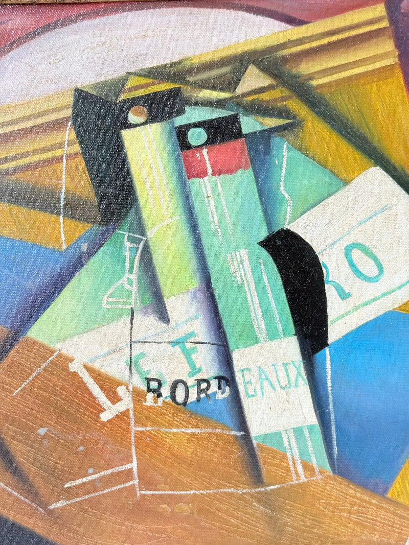 Vintage cubist-style oil on canvas laid on board, After Juan Gris (Spanish, 1887–1927), The Bordeaux Bottle still life, framed in gilt