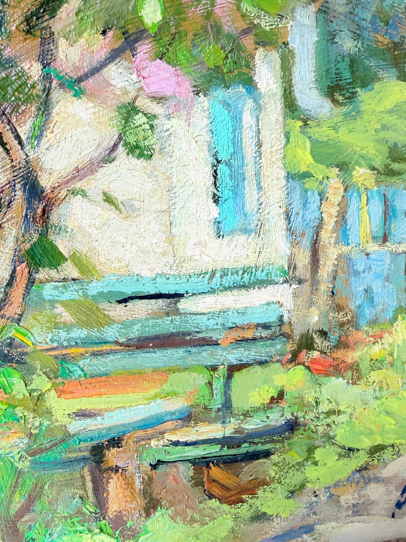 Impressionistic oil painting of an outdoor garden scene with a bench, lush green foliage, a white wall, and bright blue accents.