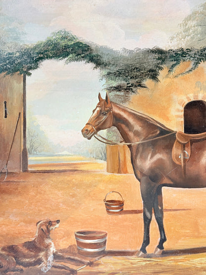 A painted scene of a brown horse standing in a sunlit stable with a bucket, while a dog lies on the ground nearby. The artwork uses warm tan, brown, green, and soft blue tones.