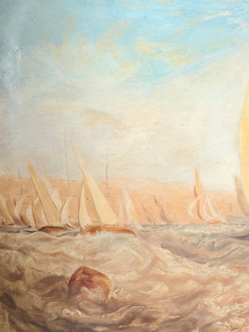An impressionistic painting of a sailing race on choppy water under a pale blue and warm beige sky, with multiple sailboats visible in the distance.