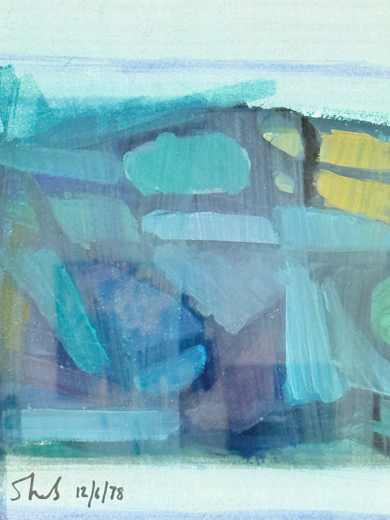1970s framed abstract watercolour and gouache painting titled Rock Pools St Ives by Shields, photographed on white surface

