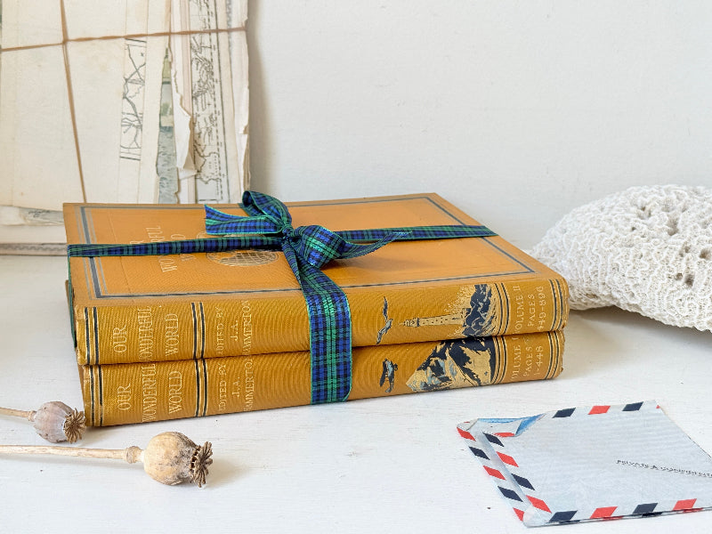 Pair of vintage Our Wonderful World books edited by J. A. Hammerton, volumes I and II, with mustard cloth covers and gilt detail