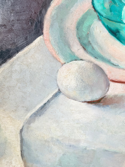 Mid Century Still Life Oil Painting in Jade and Burgundy, Eggs and Pussy Willow